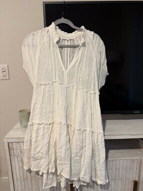 Oliveaceous White Eyelet Tiered Midi Dress